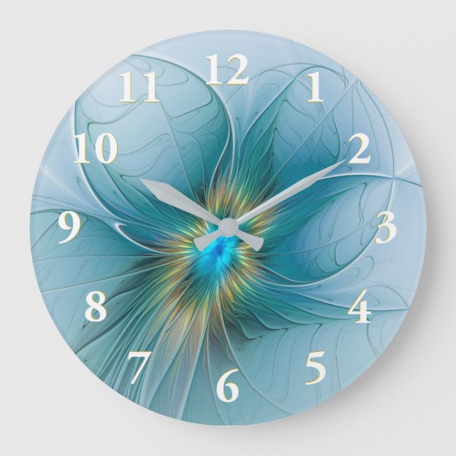 Relógio Grande A pequena Bela Flor Fractal Dourada Azul Moderna (Frente)
