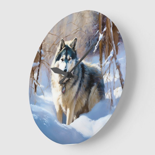 Relógio Grande Aaskan Malamute Deixe Nevar Natal (Ângulo)