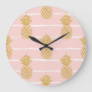 Relógio Grande Abacaxi Dourado, fundo de verão em Striped.