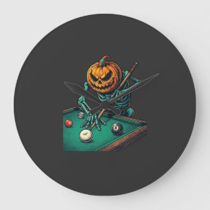Relógio Grande Abóbora de Halloween Esqueleto Jogando Bilhar