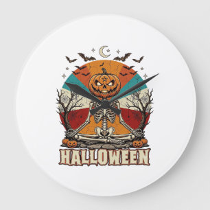 Relógio Grande Abóbora Meditando no Halloween Esqueleto Sol Retro