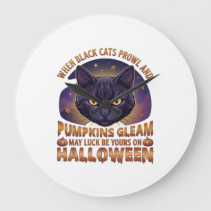 Relógio Grande Abóboras Brilham Gato Preto do Halloween Folhas Ca