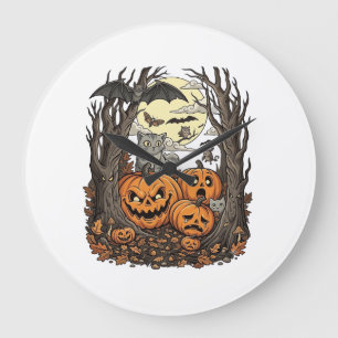 Relógio Grande Abóboras de Halloween Gato Cinza Morcego Lua Cheia