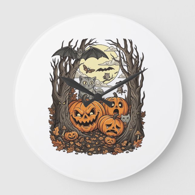 Relógio Grande Abóboras de Halloween Gato Cinza Morcego Lua Cheia (Frente)