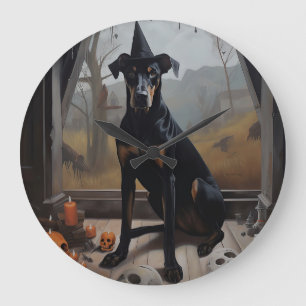 Relógio Grande Abóboras Doberman Halloween Assustador