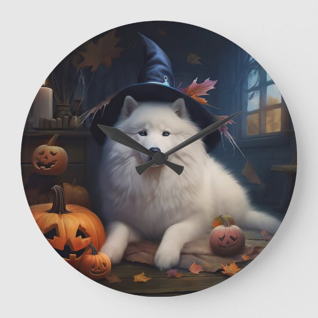 Relógio Grande Abóboras Samoyed Halloween Assustador (Frente)