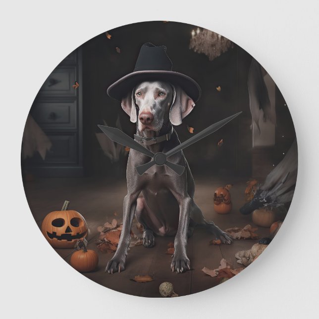 Relógio Grande Abóboras Weimaraner Halloween Assustador (Frente)