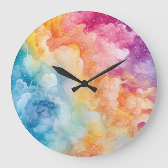 Relógio Grande Abstrato de Aquarela pintada com nuvens de arco-ír (Frente)