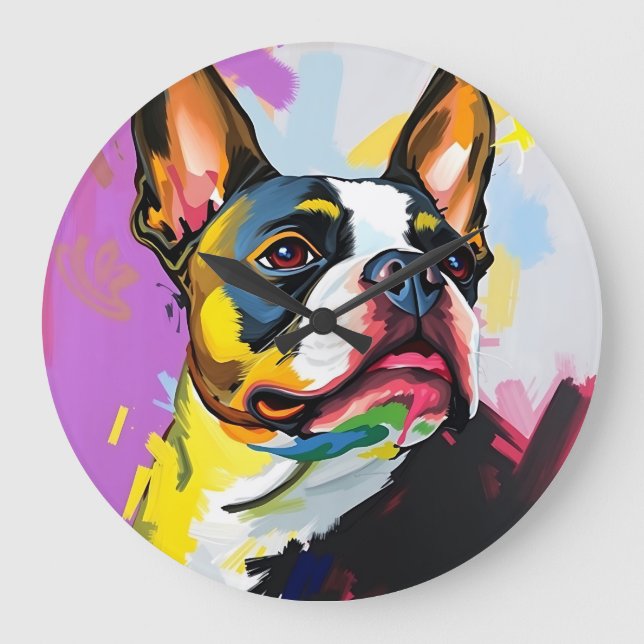 Relógio Grande Abstrato Expressivo de Boston Terrier (Frente)
