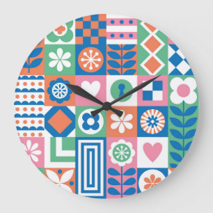Relógio Grande Abstrato Floral: Scandinávia Folk Design.