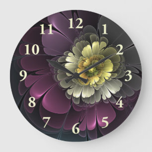 Relógio Grande Abstrato Modern Purpur Khaki Cinza Flor Fractal