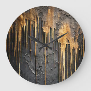Relógio Grande Abstrato Moderno Preto e Drips Dourados Metálicos