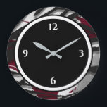 Relógio Grande Abstrato preto e branco grande<br><div class="desc">O relógio moderno apresenta um design abstrato artístico numa paleta de cores arrojada, preta e branca. Um simples design com números brancos sobre um fundo preto com uma borda cor de vinho borrifado com elementos de design artísticos abstratos. Uma adição na moda moderna à sua cozinha, sala de estar ou...</div>