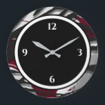Relógio Grande Abstrato preto e branco grande<br><div class="desc">O relógio moderno apresenta um design abstrato artístico numa paleta de cores arrojada, preta e branca. Um simples design com números brancos sobre um fundo preto com uma borda cor de vinho borrifado com elementos de design artísticos abstratos. Uma adição na moda moderna à sua cozinha, sala de estar ou...</div>
