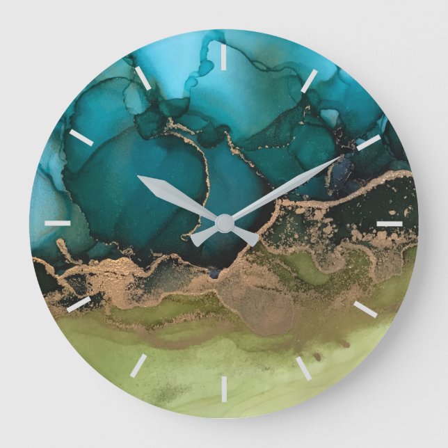 Relógio Grande Abstrato Verde Preto Verde Azul Dourado Sem Número (Frente)