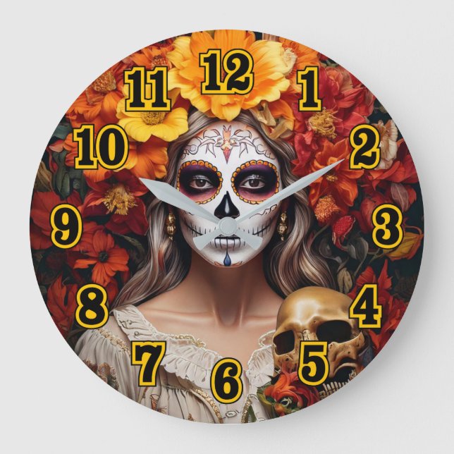 Relógio Grande Açucar crânio Lady Large Clock (Frente)