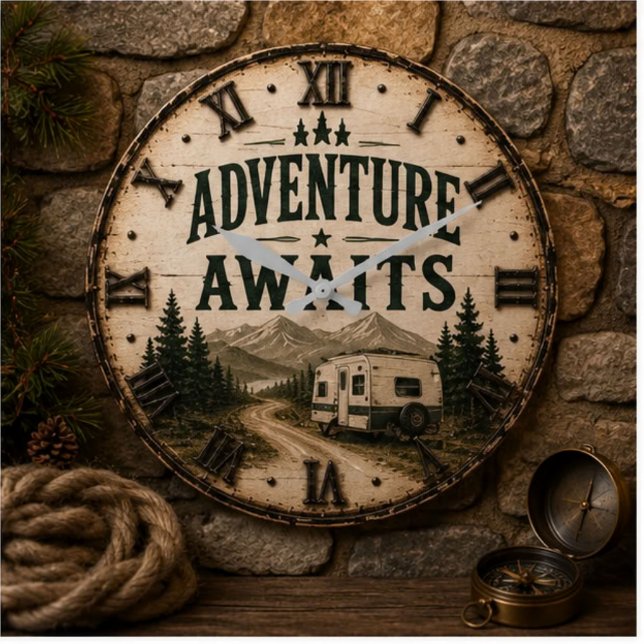 Relógio Grande Adventure Awaits Rustic Camper Camping Mountain (Criador carregado)