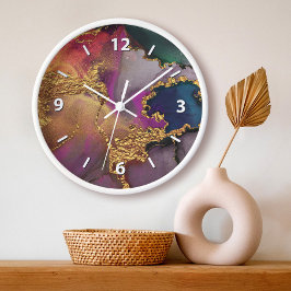 Relógio Grande Ágata aquarela dourado roxo verde azul chique glam
