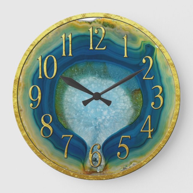 Relógio Grande Ágata azul & verde Geode com detalhe do ouro dos (Frente)