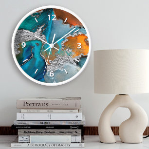 Relógio Grande Ágata chic aquarela prata turquesa laranja