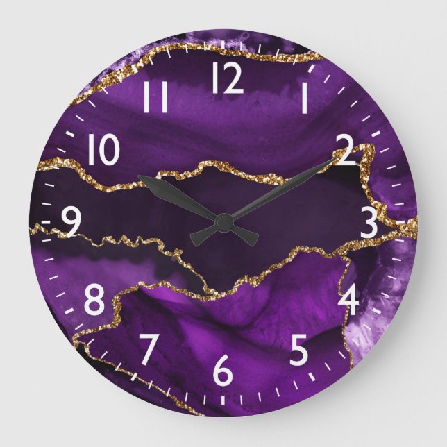 Relógio Grande Ágata Mármore Brilho Roxo e Dourado Falso (Frente)