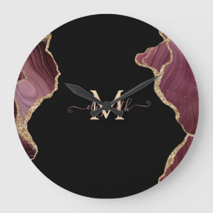 Relógio Grande Agato de Borgonha Glitter Dourado Elegante Na moda