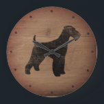 Relógio Grande Airedale Terrier Silhouette Rustic<br><div class="desc">Relógio de Parede de Airedale Lover. A design de madeira é impressa,  não madeira real.</div>