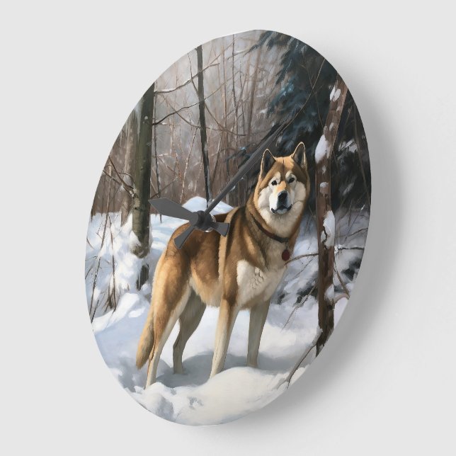 Relógio Grande Akita Deixe Nevar Natal (Ângulo)