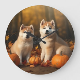 Relógio Grande Akita Puppy Autumn Delight Pumpkin