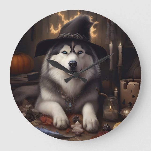 Relógio Grande Alaskan Malamute Pumpkins Halloween Scary (Frente)