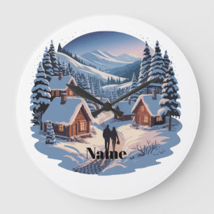 Relógio Grande Aldeia de Inverno do Natal Retro Montanha Vintag