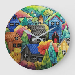 Relógio Grande Aldeia Do Lado Da Água Com Casas Coloridas