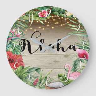 Relógio Grande Aloha Madeira Tropical Floral Folhas & Luzes Chic