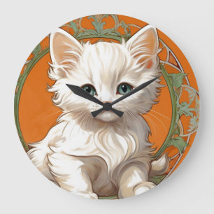 Relógio Grande Alphonse Mucha Art Nouveau White Kitten
