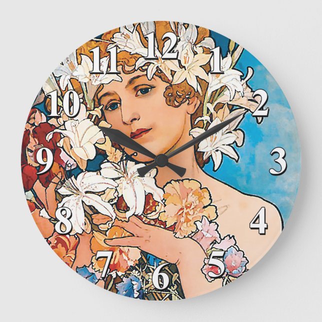 Relógio Grande Alphonse Mucha - Flor - Arte Retroativa Nouveau (Frente)