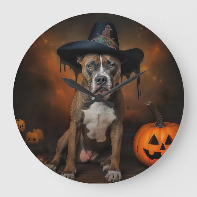 Relógio Grande American Staffordshire Pumpkins Halloween Scary (Frente)
