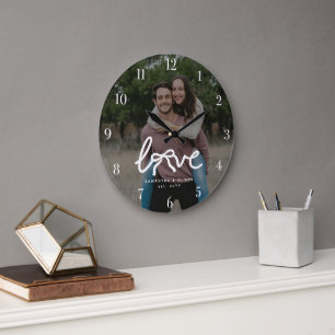 Relógio Grande Amor Moderno Tipografia Casal Foto Personalizada