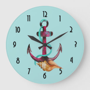 Relógio Grande Âncora com corda e Seashell nas aguarelas