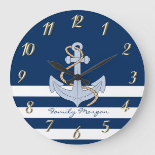 Relógio Grande Âncora Listras Azul Marinho