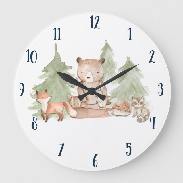 Relógio Grande Animais da Floresta de Aquarela Quarto Infantil (Frente)