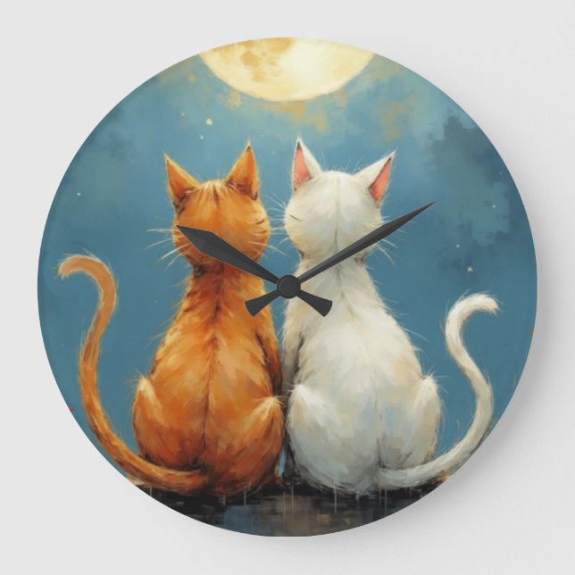 Relógio Grande Aniversário Ama Gatos Sob Lua em Painterly (Frente)