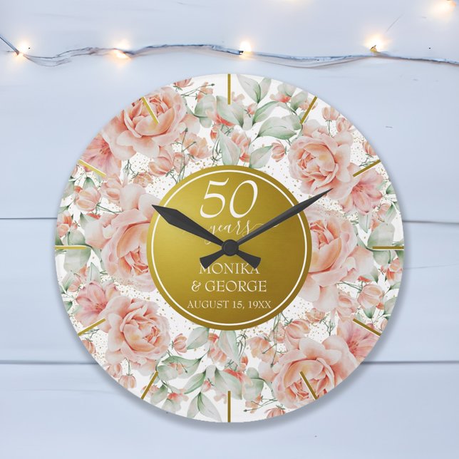 Relógio Grande Aniversário de 50 anos de Casamento Aquarela Flora (50th Wedding Anniversary Watercolor Floral Gold Large Clock)