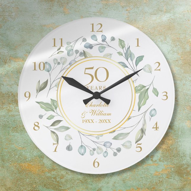 Relógio Grande Aniversário de 50 anos de Casamento Flora Greenery (50th Wedding Anniversary Floral Greenery Large Clock)