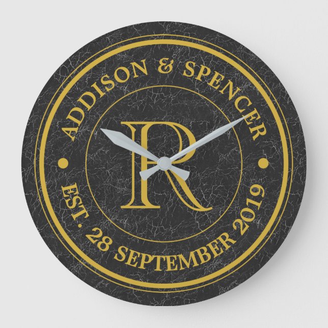 Relógio Grande Aniversário de casamento Dourado do couro do preto (Frente)