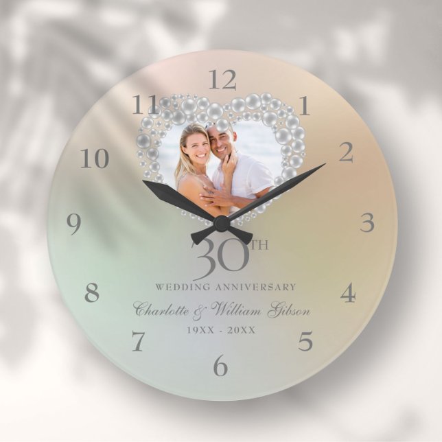 Relógio Grande Aniversário do 30 de Foto do Coração das Pérolas (Beautiful Pearl Heart Photo 30th Anniversary Large Clock)