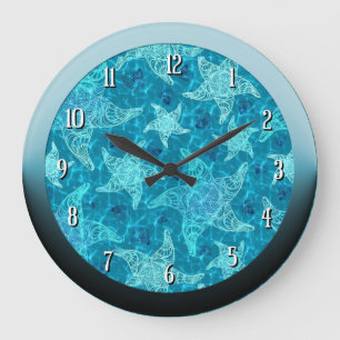 Relógio Grande Aqua Blue Starfish Pattern Round Wall Clock