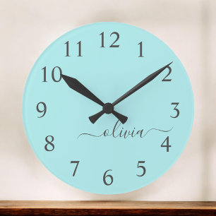 Relógio Grande Aqua Blue Teal Modern Script Girly Monographic Nam