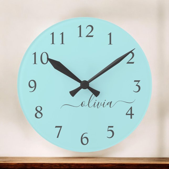 Relógio Grande Aqua Blue Teal Modern Script Girly Monographic Nam (Criador carregado)