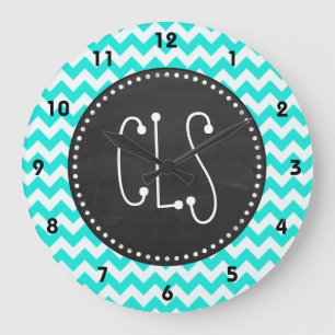 Relógio Grande Aqua Color Chevron; Vintage Chalkboard