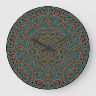 Relógio Grande Aqua e Brown Boho Paisley Kaleidoscope